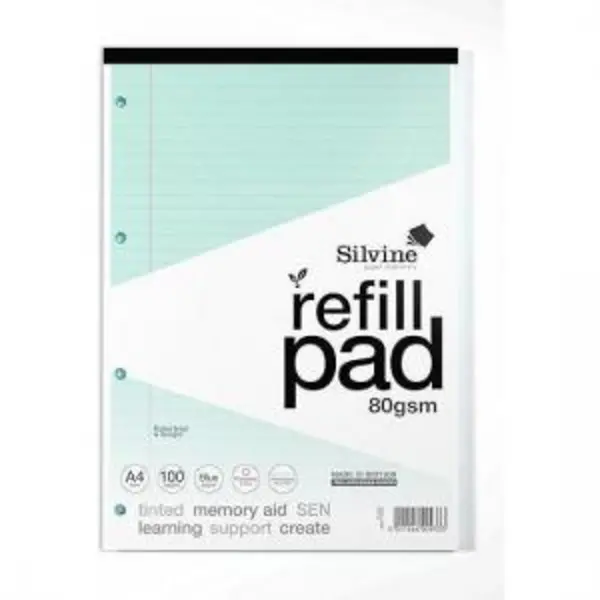 Image of Silvine Silvine SEN Refill Pad A4 With Tinted Coloured Papers 100 Page Ruled With Margin 4 Hole Punched Blue (Pack 6) - A4RPTINBL A4RPTINBL