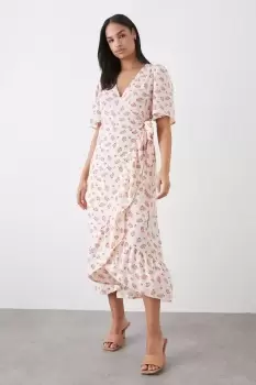 Image of Pink Floral Ruffle Angel Sleeve Wrap Midi Dress