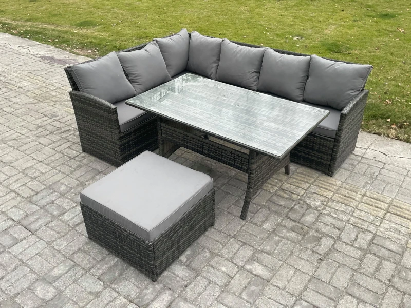 Image of Fimous 7 Seater Rattan Garden Furniture Sets High Back Corner Sofa Rectangular Dining Table Set with Big Footstool Dark Grey Mixed Dark Grey