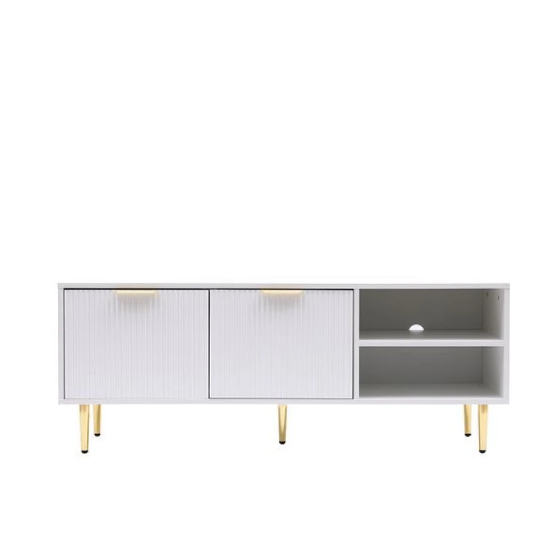 Image of Moderna White MMT TV Stand, TV Stand Cabinet with Fluted Ribbed Gloss Doors & Legs, 130cm TV White Unisex