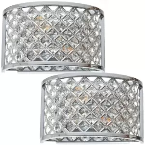 Image of 2 PACK Crystal Cage Wall Light Chrome Glass Shade Modern Twin Bulb Lounge Lamp