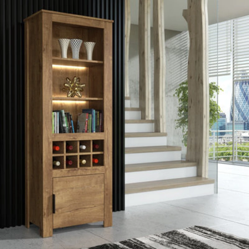 Image of Furneo Display Cabinet Dark Oak Effect Modern Cupboard Storage LED Lights Prestigio 04