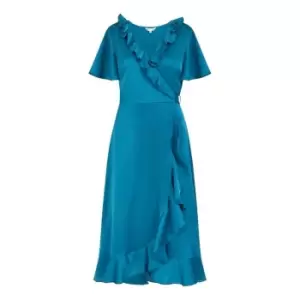Image of Yumi Teal Satin Wrap Midi Dress - Blue