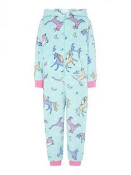 Image of Monsoon Girls Sustainable Unicorn Chunky Sleepsuit - Aqua, Size 3-4 Years, Women