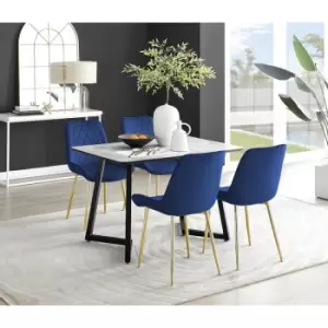 Image of Furniturebox Carson White Marble Effect Recatngular 120cm Dining Table & 4 Navy Pesaro Gold Leg Velvet Chairs