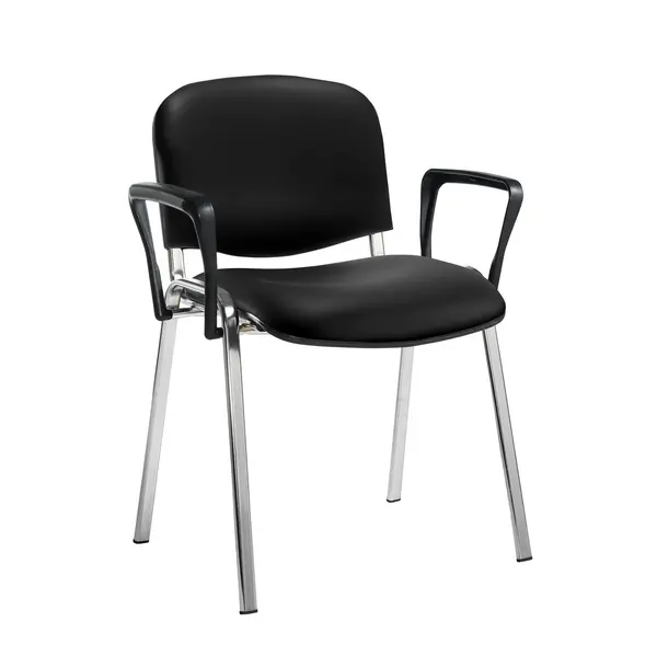 Image of Taurus Padded Vinyl Stackable Waiting Room Chair - Chrome - Fixed Arms - Nero Black vinyl