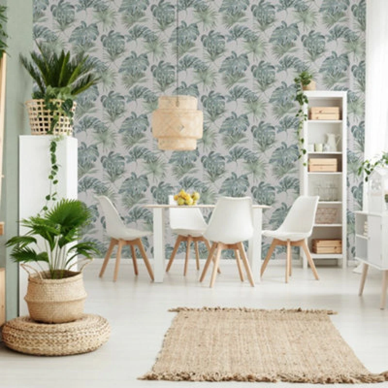 Image of Galerie Industrial Effects Green/white Tropical Leaf Wallpaper Roll