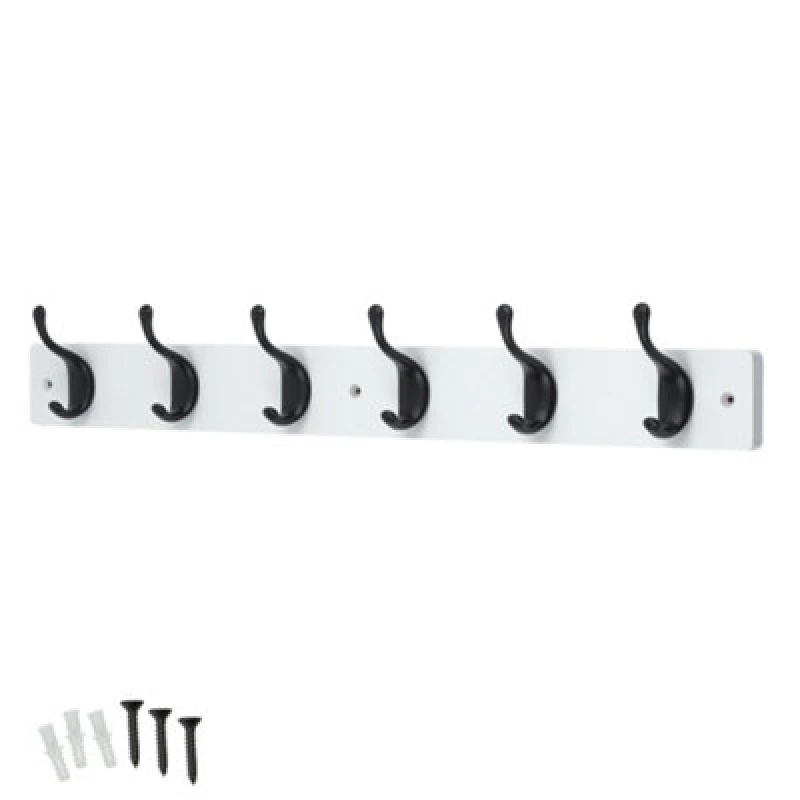 Image of Keypak 6 Matte Black Coat Hooks On White Wooden Board - 68Cm Modern Wall Mounted Coat Rack Clothes Hanger