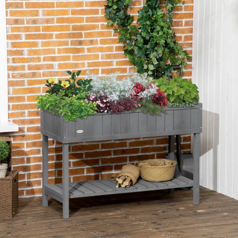 Image of OUTSUNNY Wooden Herb Planter Stand 8 Cubes Bottom Shelf Raised Bed Dark Grey Dark Grey Unisex