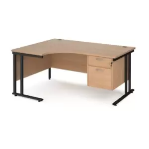 Image of Office Desk Left Hand Corner Desk 1600mm With Pedestal Beech Top With Black Frame 1200mm Depth Maestro 25 MC16ELP2KB
