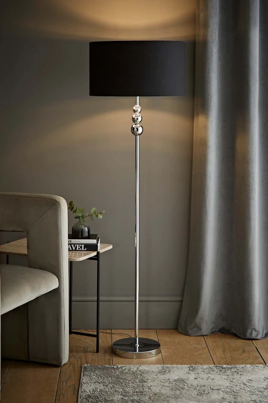 Image of ValueLights ValueLights Marissa Chrome Stacked Ball Floor Lamp with Fabric Drum with Chrome Inner Shade in Black One Size Unisex 5059406060083