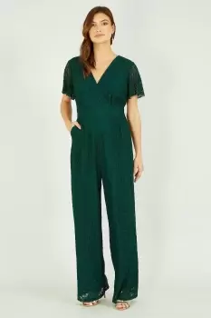Image of Green Angel Sleeve Lace Jumpsuit With Pockets