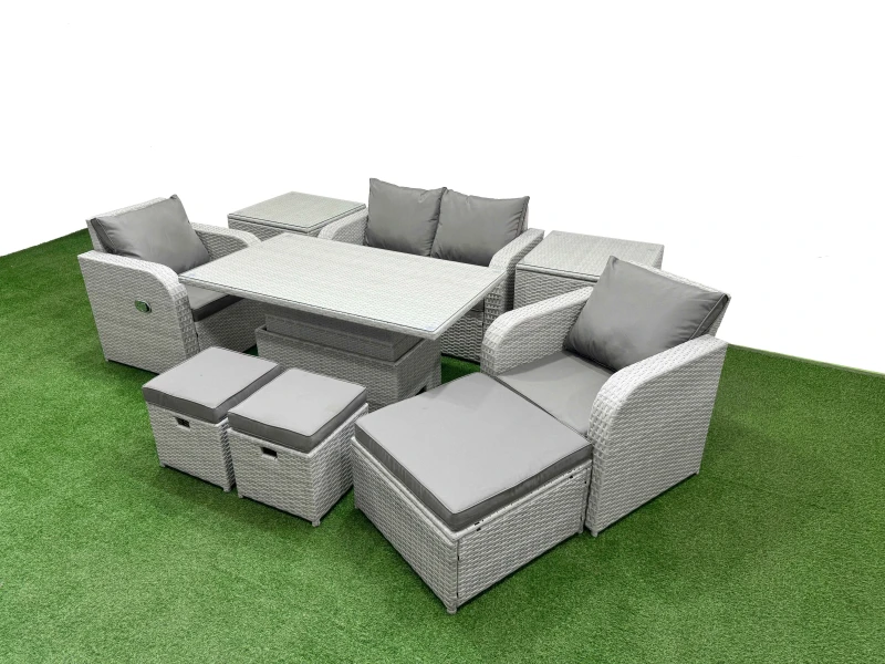 Image of Fimous Light Grey PE Wicker Rattan Garden Furniture Set Sofa Set Reclining Chair Adjustable Lifting Dining or Coffee Table 7 Seater 3 Stools 2 Side T