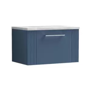 Image of Deco Satin Blue 600mm Wall Hung Single Drawer Vanity Unit with Bellato Grey Laminate Worktop - DPF394LBG - Satin Blue - Nuie