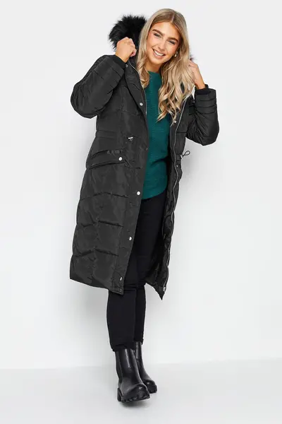 Image of M&Co Faux Fur Trim Padded Coat Black