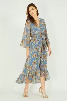 Image of Yumi Grey Floral Dip Hem Midi Dress