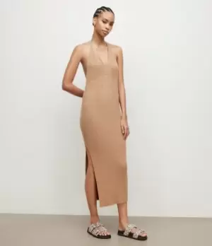 Image of AllSaints Womens Lexi Halter Neck Dress, Praline Metallic, Size: M