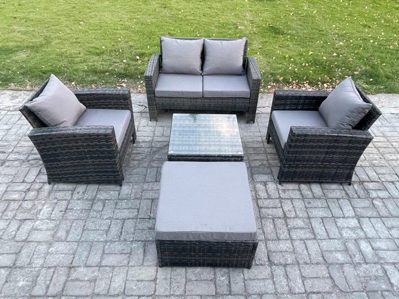 Image of Fimous 5 PCS Outdoor Lounge Sofa Set Wicker PE Rattan Garden Furniture Set with Squar Coffee Table in Dark Grey Dark Grey Unisex