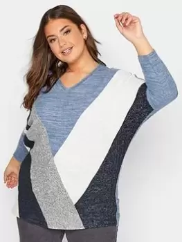 Image of Yours Colourblock Soft Touch Jumper, Blue, Size 18, Women