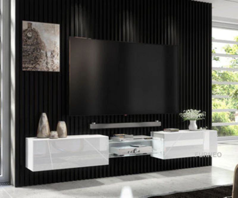 Image of Furneo White Floating TV Cabinet 230Cm Wall Unit Modern High Gloss &matt Art 02 White LED Lights