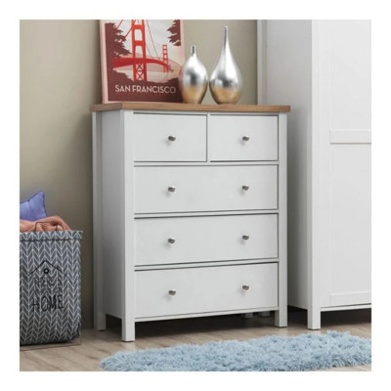 Image of Timber Art Design Astbury 3+2 5 Drawer Bedroom Cabinet Chest Of Drawers White And Oak
