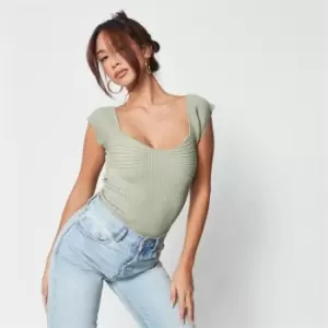 Image of Missguided Contrast Rib Sweetheart Neck Knit Bodysuit - Green