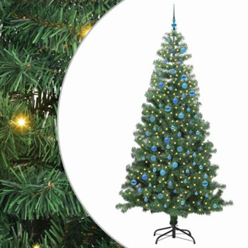 Image of vidaXL Christmas Tree with 300 LEDs with Stand, Blue Balls Green 240cm PVC, Green 3396405