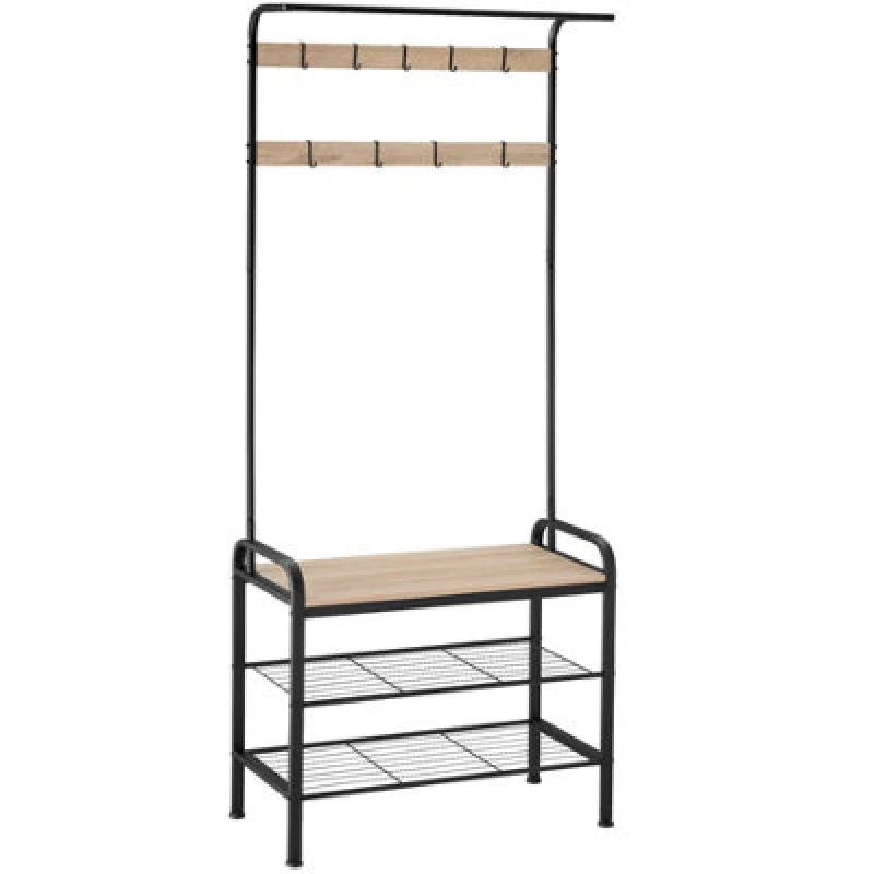 Image of Tectake Coat Stand - Shoe Rack, Seat, 2 Shelves And 9 Coat Hooks 73.5X36X184Cm - Industrial Wood Light, Oak Sonoma