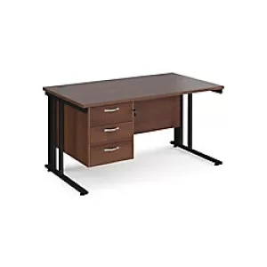 Image of Rectangular Straight Desk Walnut Wood Cable Managed Legs Black Maestro 25 1400 x 800 x 725mm 3 Drawer Pedestal