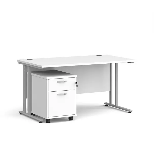 Image of Maestro 25 Straight Desk with Silver Cantilever Frame and 2 Drawer Pedestal - White - 1400mm x 800mm