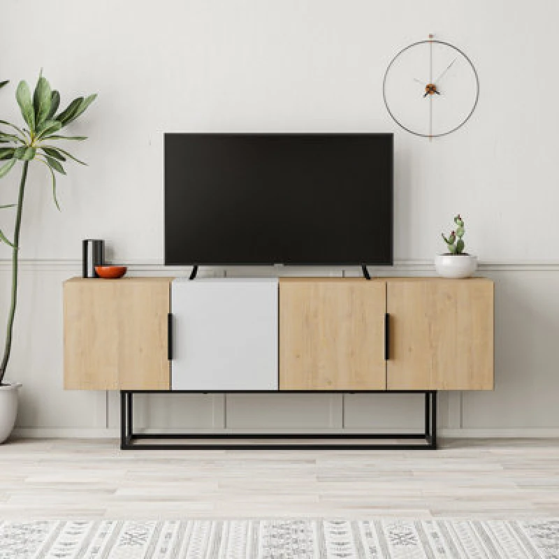 Image of DECORTIE Decortie - Tontini Modern tv Stand Multimedia Centre tv Unit With Storage Cabinet 140cm - Oak / White - White M.TV.23534.6