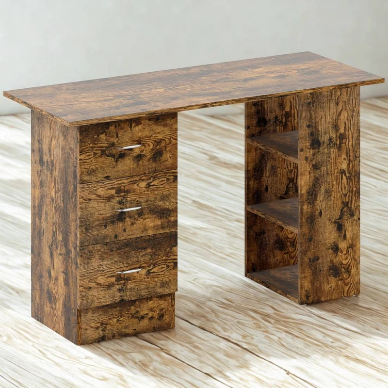 Image of FURNOS Industrial Rustic 120CM Computer Desk With 3 Drawers & Shelves in Brown Brown Unisex