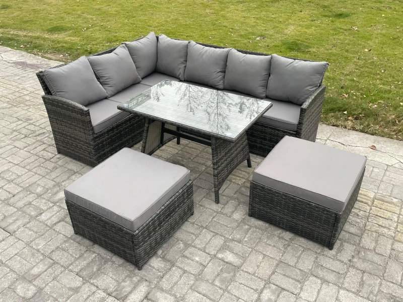 Image of Fimous Rattan Garden Furniture Corner Sofa Set with Oblong Dining Table 2 Big Footstool Outdoor Wicker Rattan Set Dark Grey