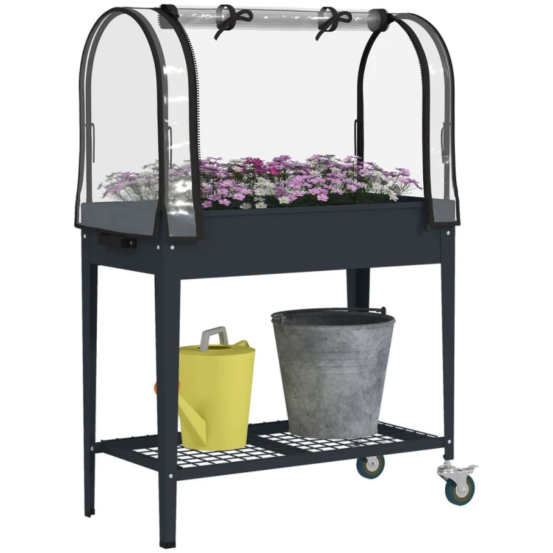 Image of Outsunny Mobile Raised Garden Bed With Greenhouse Cover - Dark Grey 84H-034V00CG