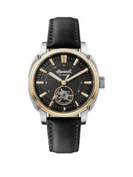 Image of Ingersoll Ingersoll Director Black And Gold Detail Skeleton Eye Automatic Dial Black Leather Strap Watch