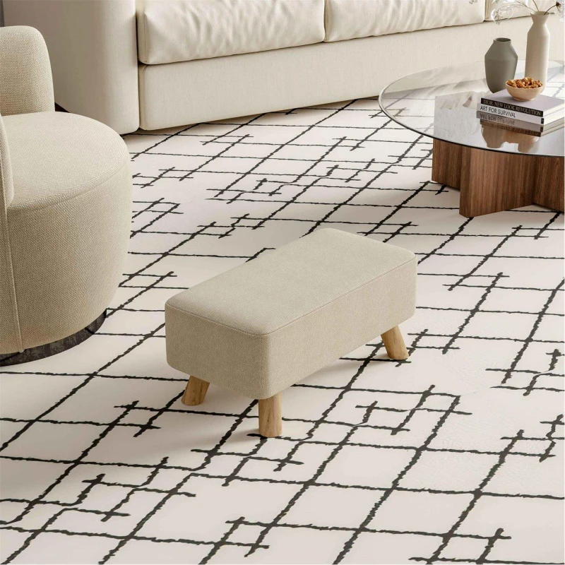 Image of Cottonfy UK Beige Rectangular Footrest with Solid Wooden Legs Beige L