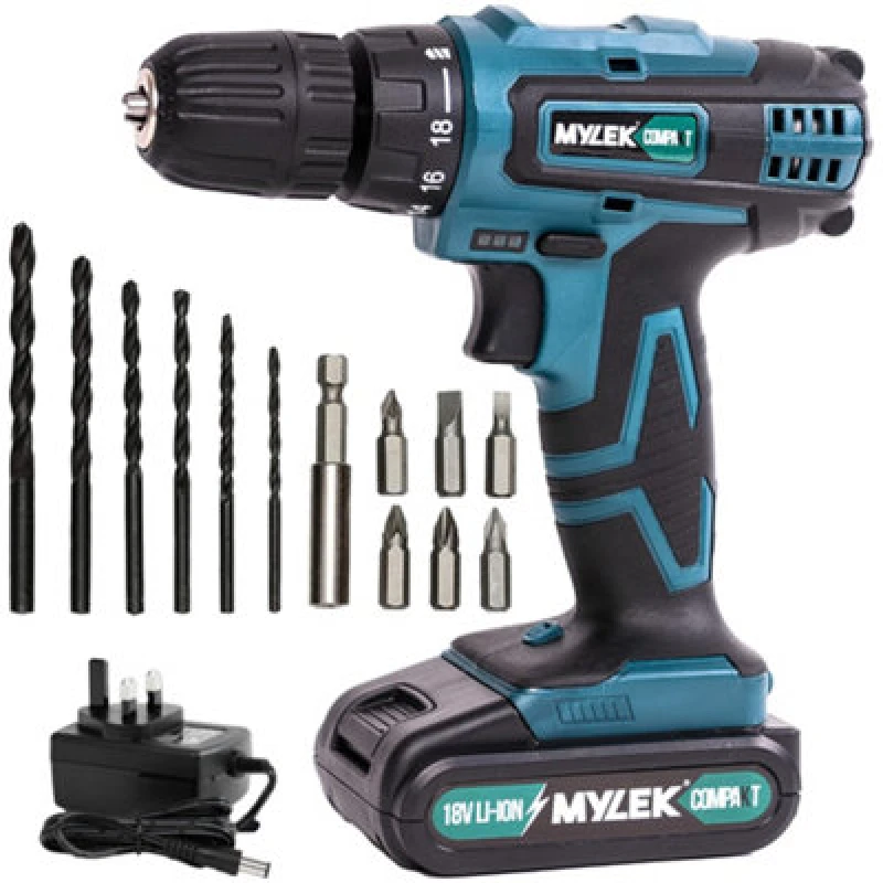 Image of Mylek 18V Cordless Li-Ion Drill And Screwdriver Set With 13 Piece Accessory Kit