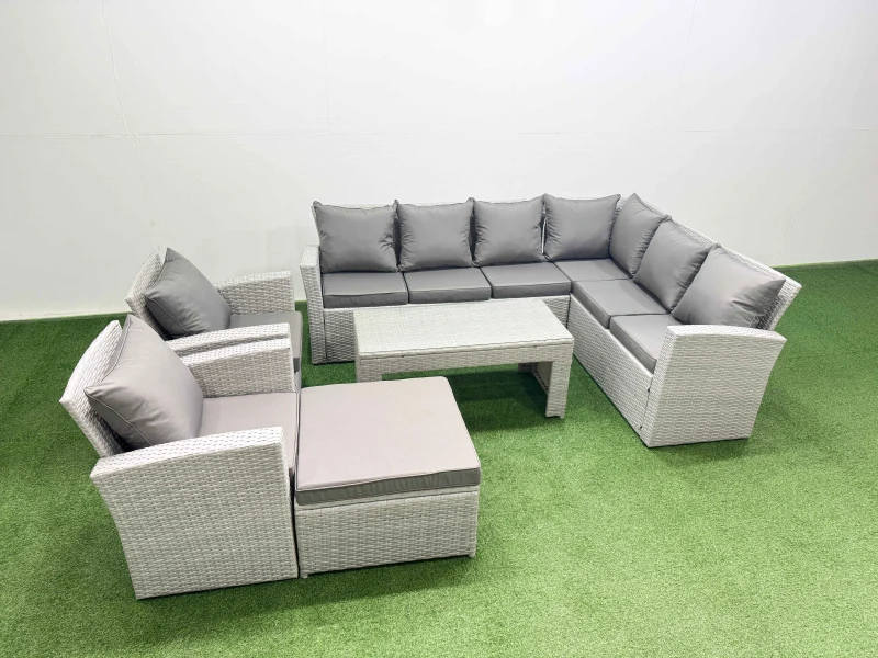 Image of Fimous Rattan Furniture Set 6 Pieces Outdoor Sofa Coffee Table with 2 Chairs in Light Grey Light Grey Unisex