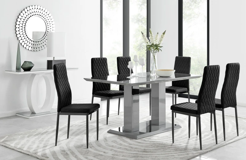 Image of FurnitureboxUK FurnitureboxUK Imperia 6 Grey Dining Table and 6 Velvet Milan Black Leg Chairs Black One Size Unisex 5056657148744