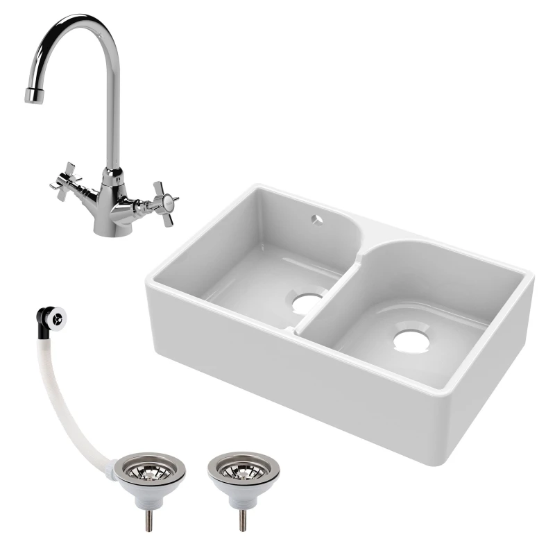 Image of Balterley Fireclay 2 Bowl Stepped Weir Butler Sink Overflow Tap Waste 795mm White