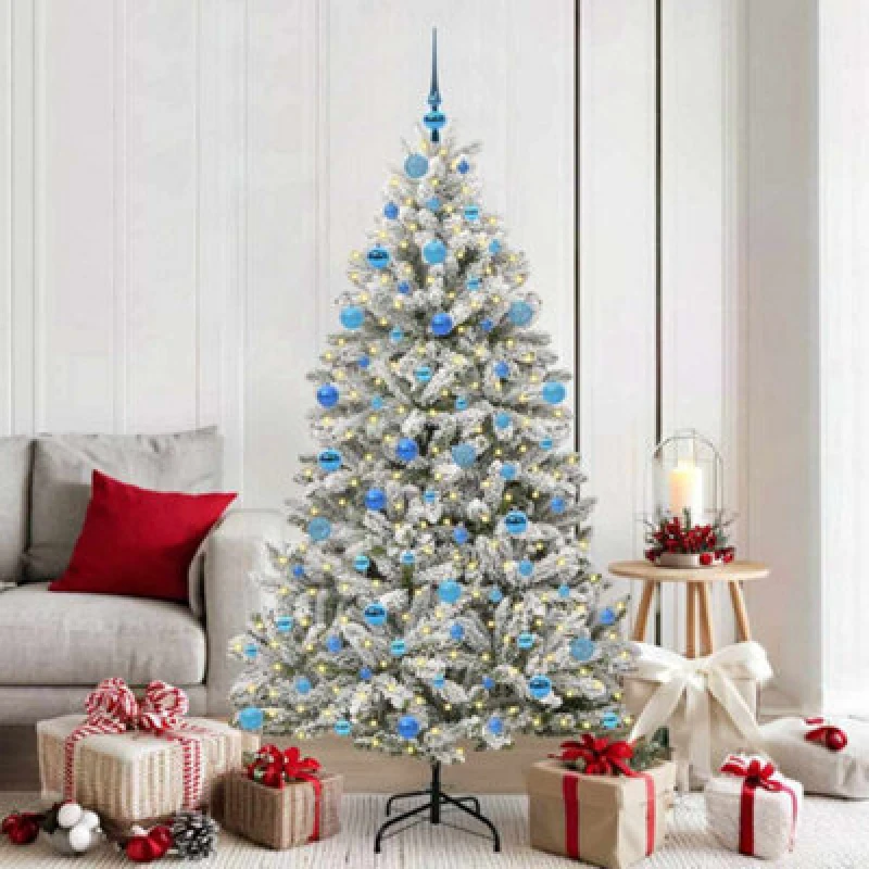 Image of vidaXL Artificial Christmas Tree with Blue Balls Green and White 180cm PVC and Metal, Green 3395755