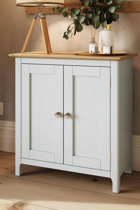 Image of FWStyle Sideboard Oak Veneered Top 2 Large Doors Linen Cream Finish Cream Unisex