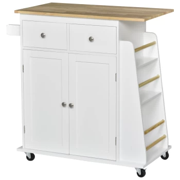 Image of HOMCOM Kitchen Island Storage Cabinet Rolling Trolley with Rubber Wood Top, 3-Tier Spice Rack, Large Cabinet & Drawers