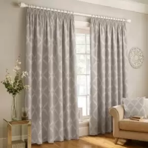Image of Olivia Lattice Embroidery Lined Pencil Pleat Curtains, Grey, 90 x 90" - Paoletti