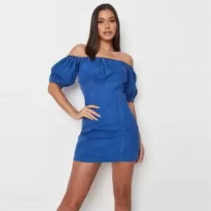 Image of Missguided Petite Bardot Puff Denim Mini Dress - Blue