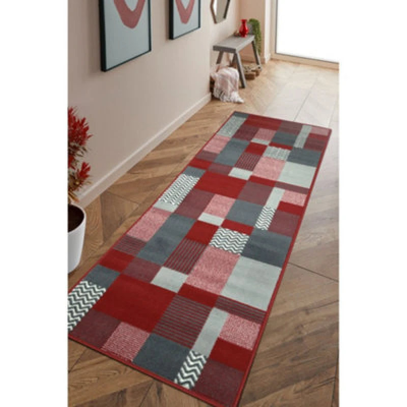 Image of Melrose Colorama Montreal Red Square Design Medium Indoor Area Runner Rug 060/200Cm