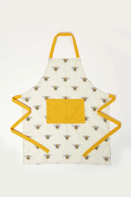 Image of Homescapes Honey Bee 100% Cotton Kitchen Apron with Pocket Yellow