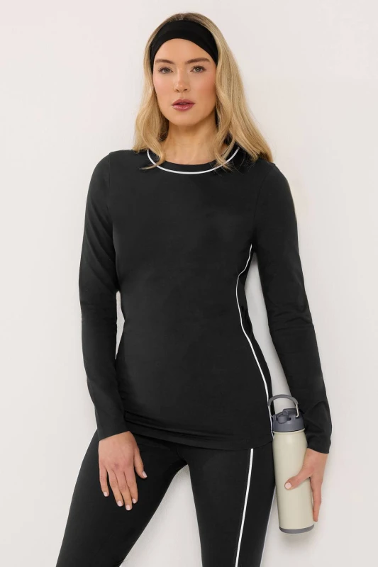 Image of Long Tall Sally Womens Tall Active Piped Long Sleeve Top in Black Size: 10 Black Female 10
