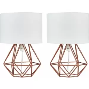 Image of 2 x Small Geometric Table Lamps Industrial Metal Cage Design - Copper