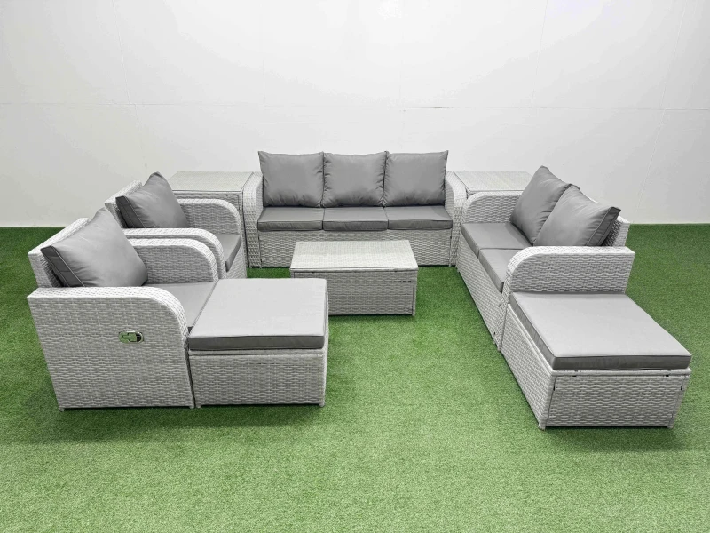 Image of Fimous PE Rattan Garden Furniture Set Adjustable Chair Sofa Double Love Seat 2 Seater Sofa Lounge Set Oblong Coffee Table 2 Big Footstool 2 Side Table